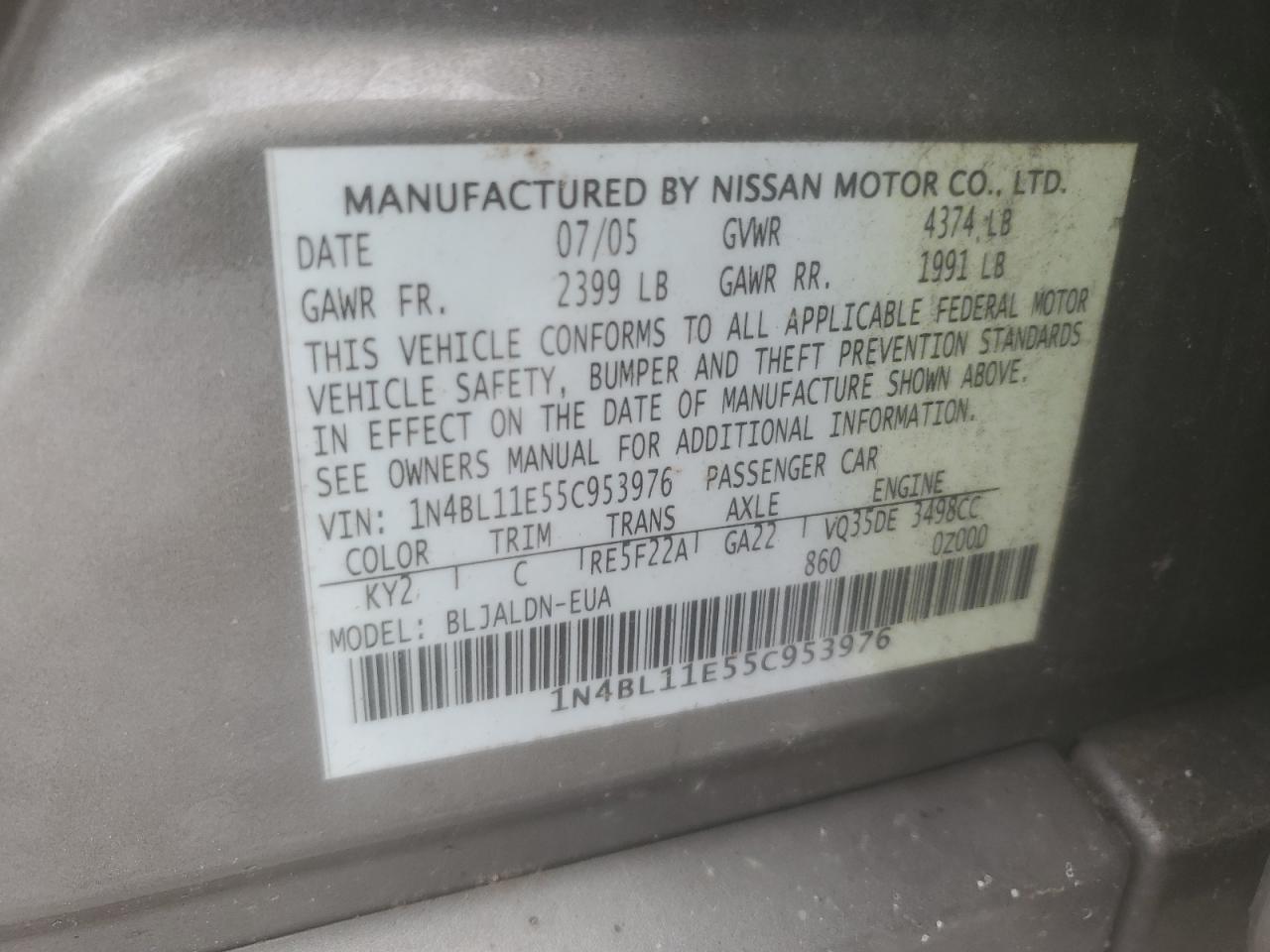 2005 Nissan Altima Se VIN: 1N4BL11E55C953976 Lot: 68571765