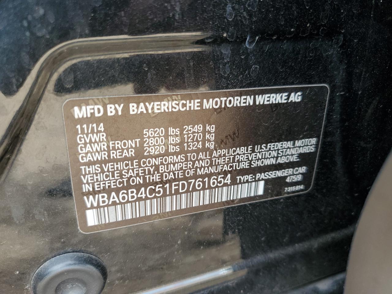 2015 BMW 650 Xi Gran Coupe VIN: WBA6B4C51FD761654 Lot: 70375665