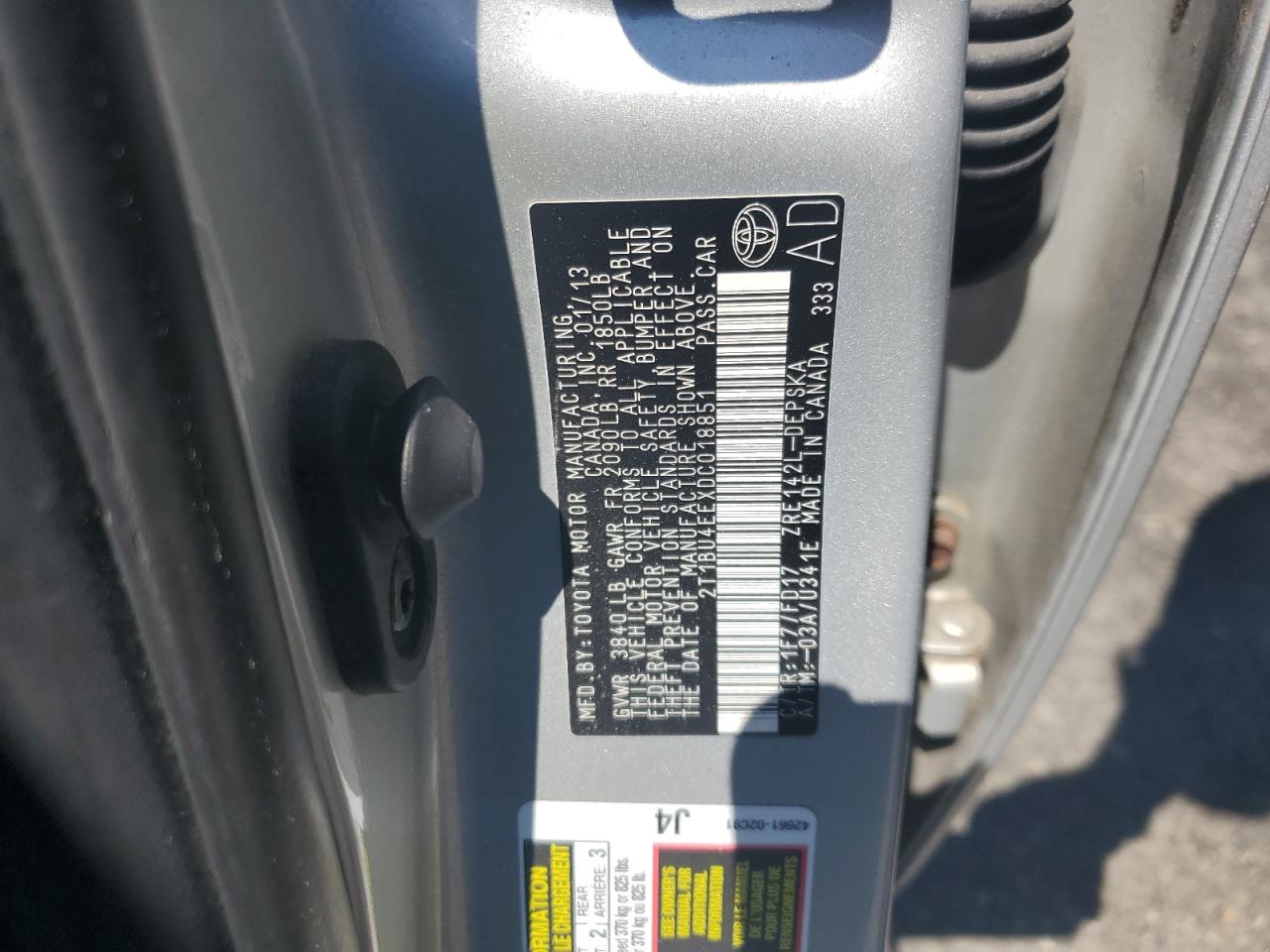 2013 Toyota Corolla Base VIN: 2T1BU4EEXDC018851 Lot: 68310165