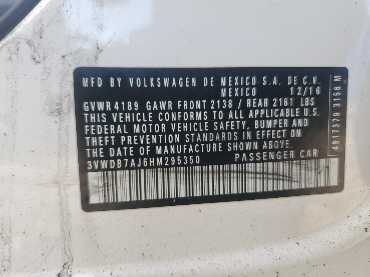 2017 Volkswagen Jetta Se VIN: 3VWDB7AJ6HM295350 Lot: 70195575
