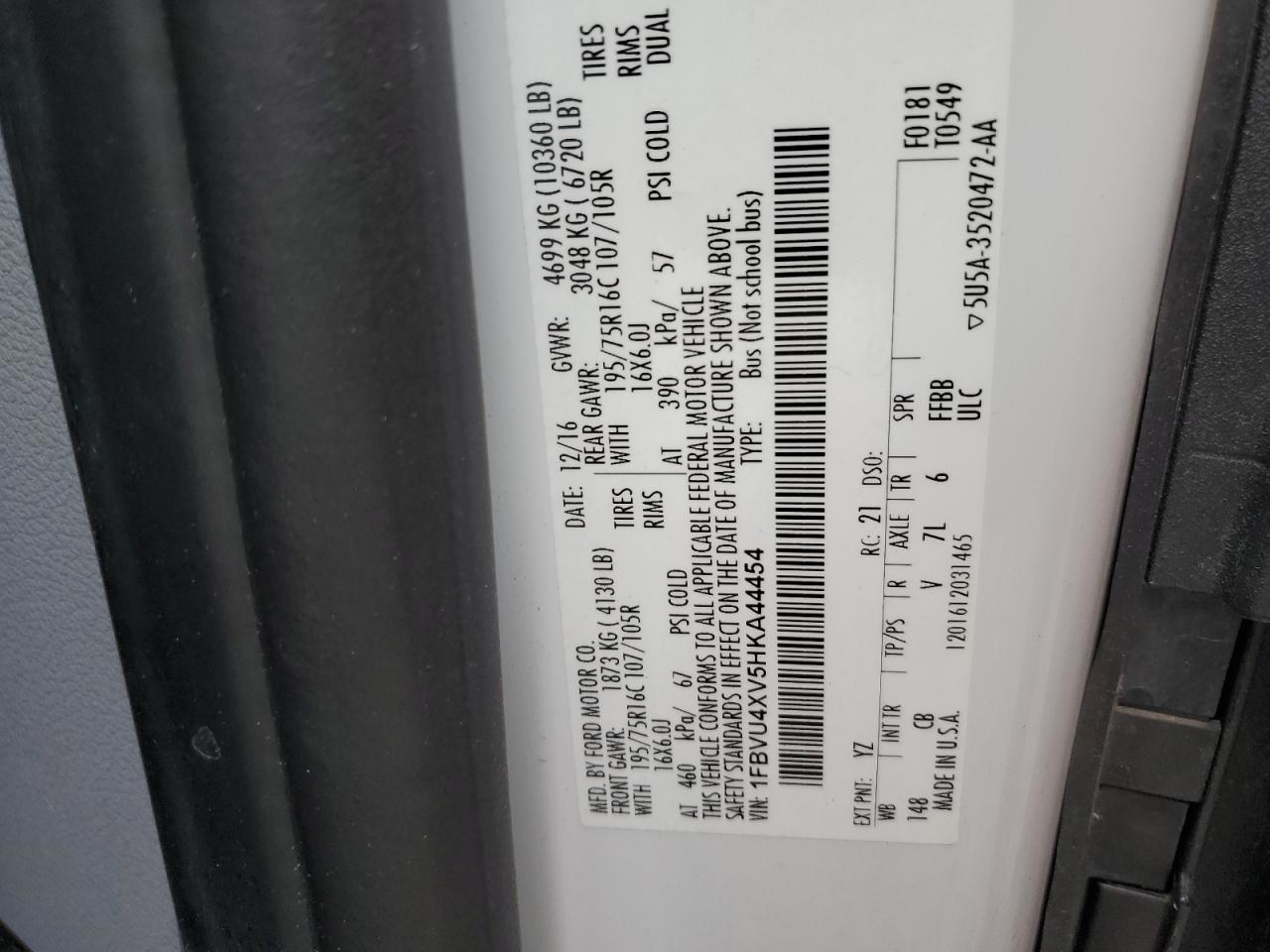 2017 Ford Transit T-350 Hd VIN: 1FBVU4XV5HKA44454 Lot: 69028855