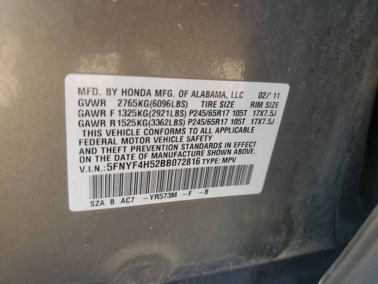 2011 Honda Pilot Exl VIN: 5FNYF4H52BB072816 Lot: 68356915