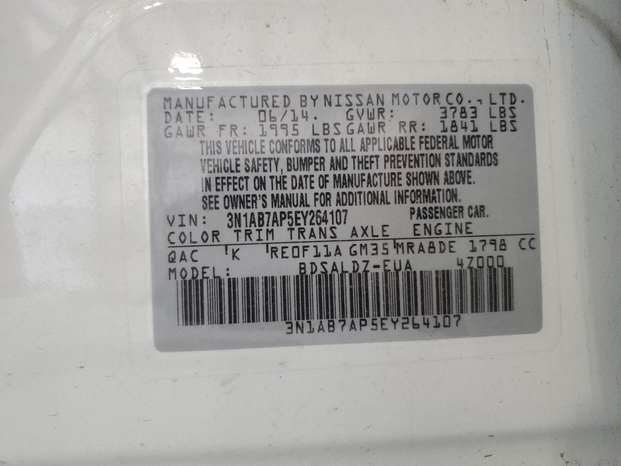 2014 Nissan Sentra S VIN: 3N1AB7AP5EY264107 Lot: 70156755