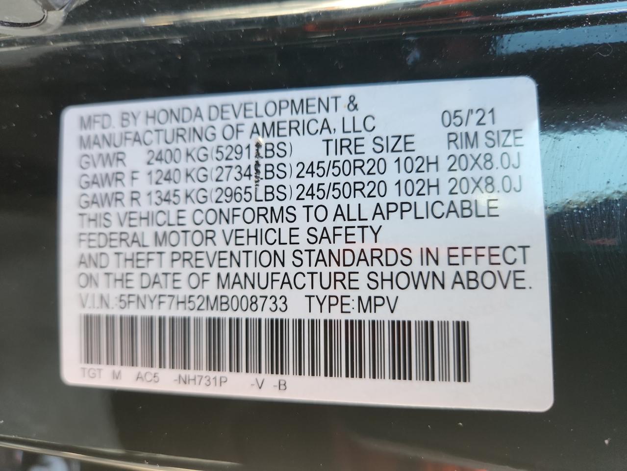 2021 Honda Passport Exl VIN: 5FNYF7H52MB008733 Lot: 70511625
