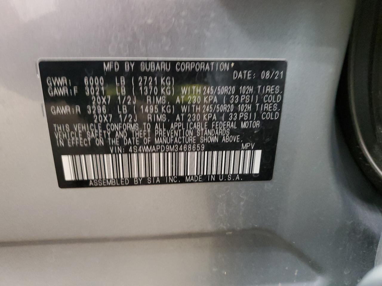 2021 Subaru Ascent Limited VIN: 4S4WMAPD9M3468659 Lot: 69568545