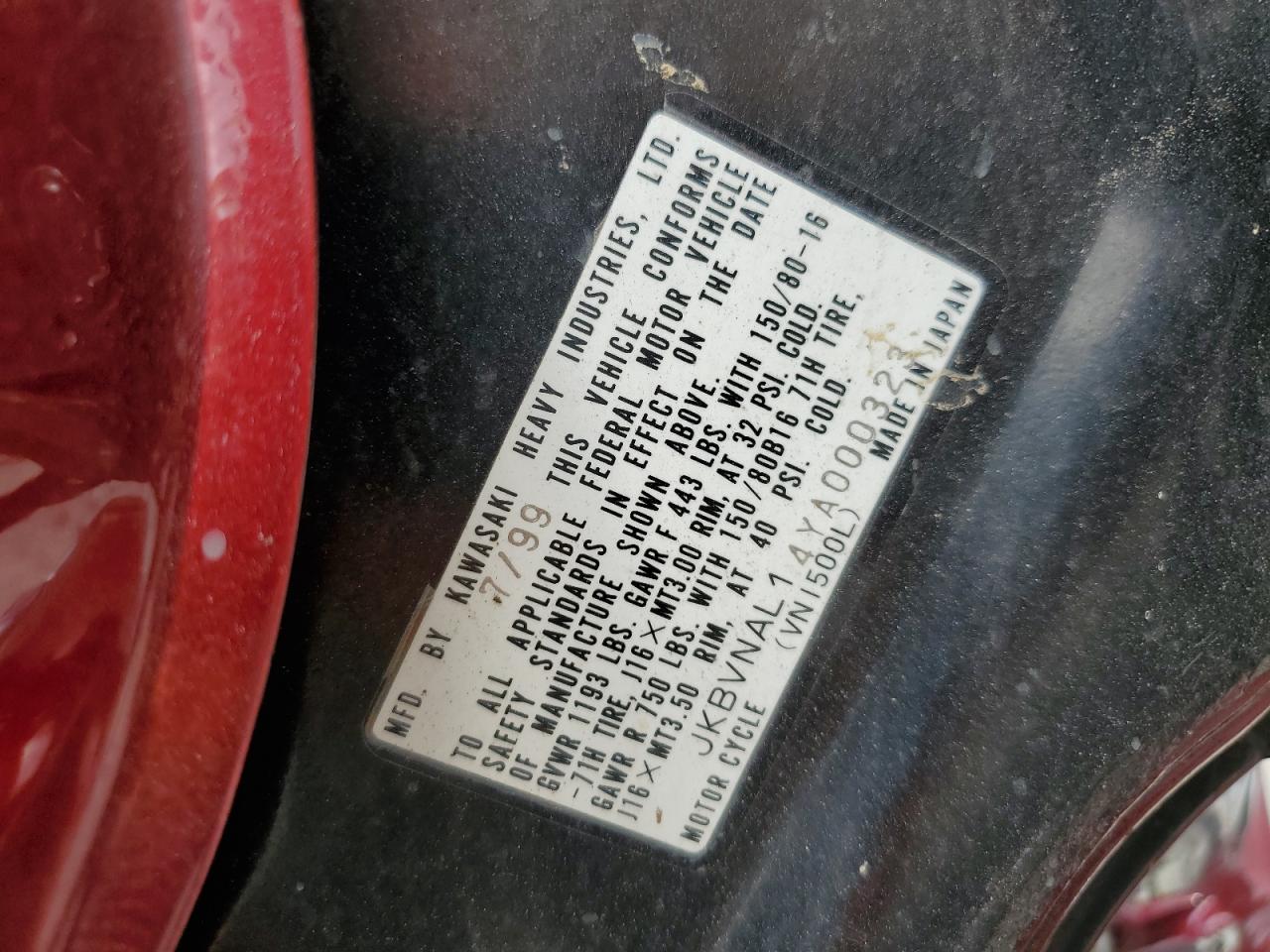 2000 Kawasaki Vn1500 L VIN: JKBVNAL14YA000323 Lot: 69379175