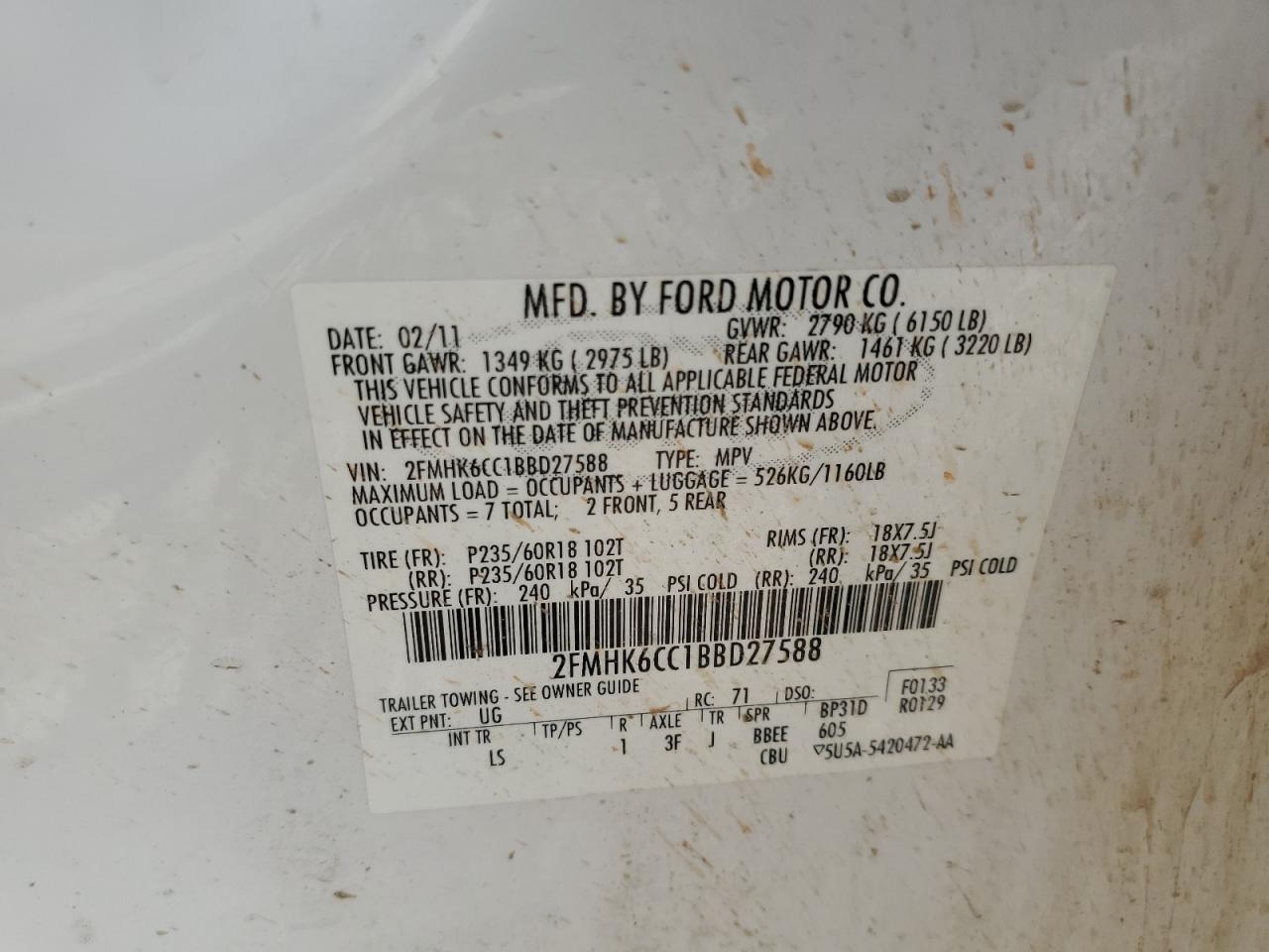 2011 Ford Flex Sel VIN: 2FMHK6CC1BBD27588 Lot: 69021855