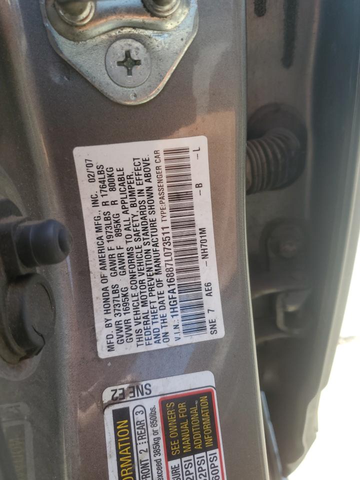 2007 Honda Civic Ex VIN: 1HGFA16887L073511 Lot: 70542675