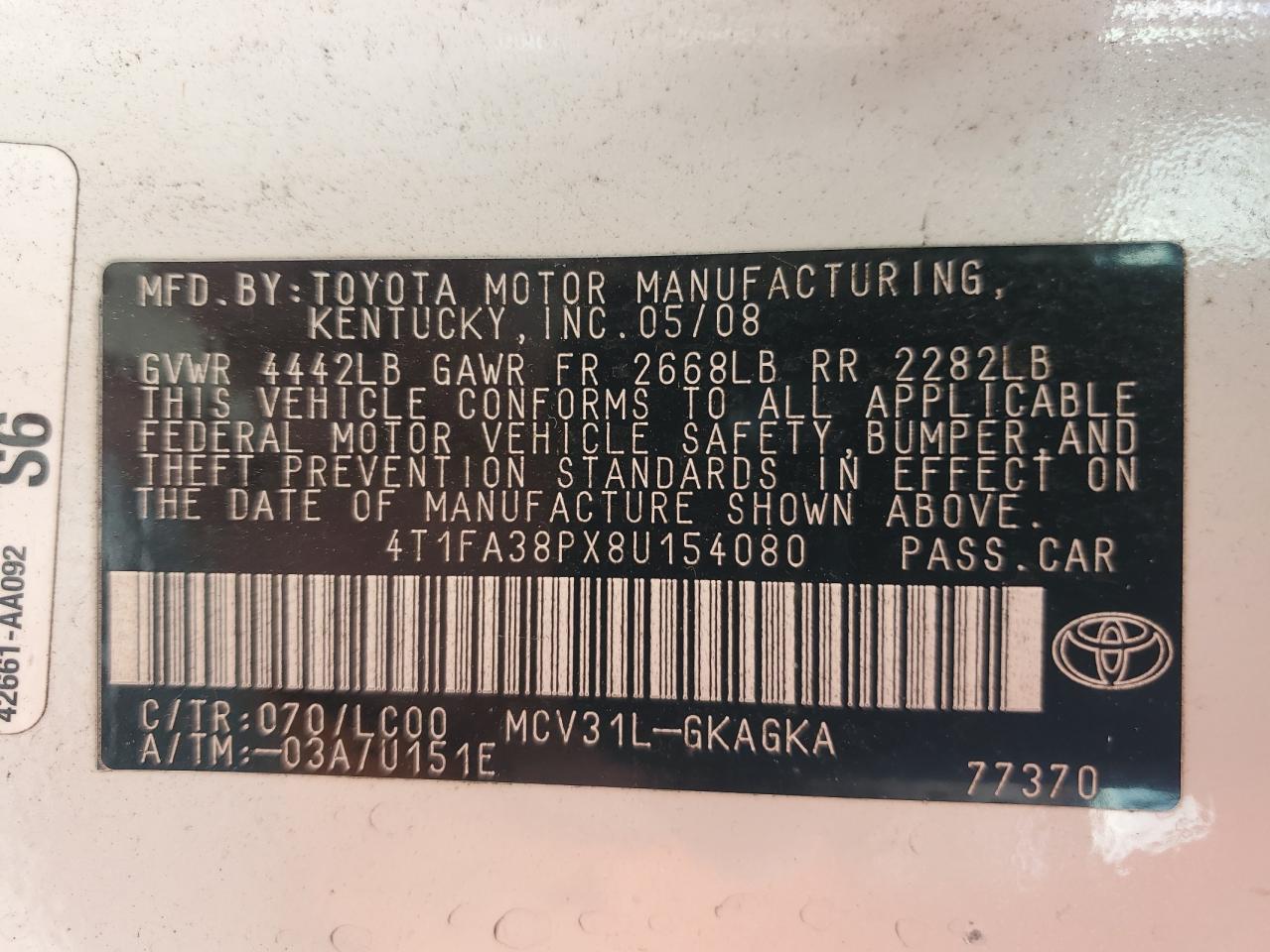 2008 Toyota Camry Solara Se VIN: 4T1FA38PX8U154080 Lot: 69113495