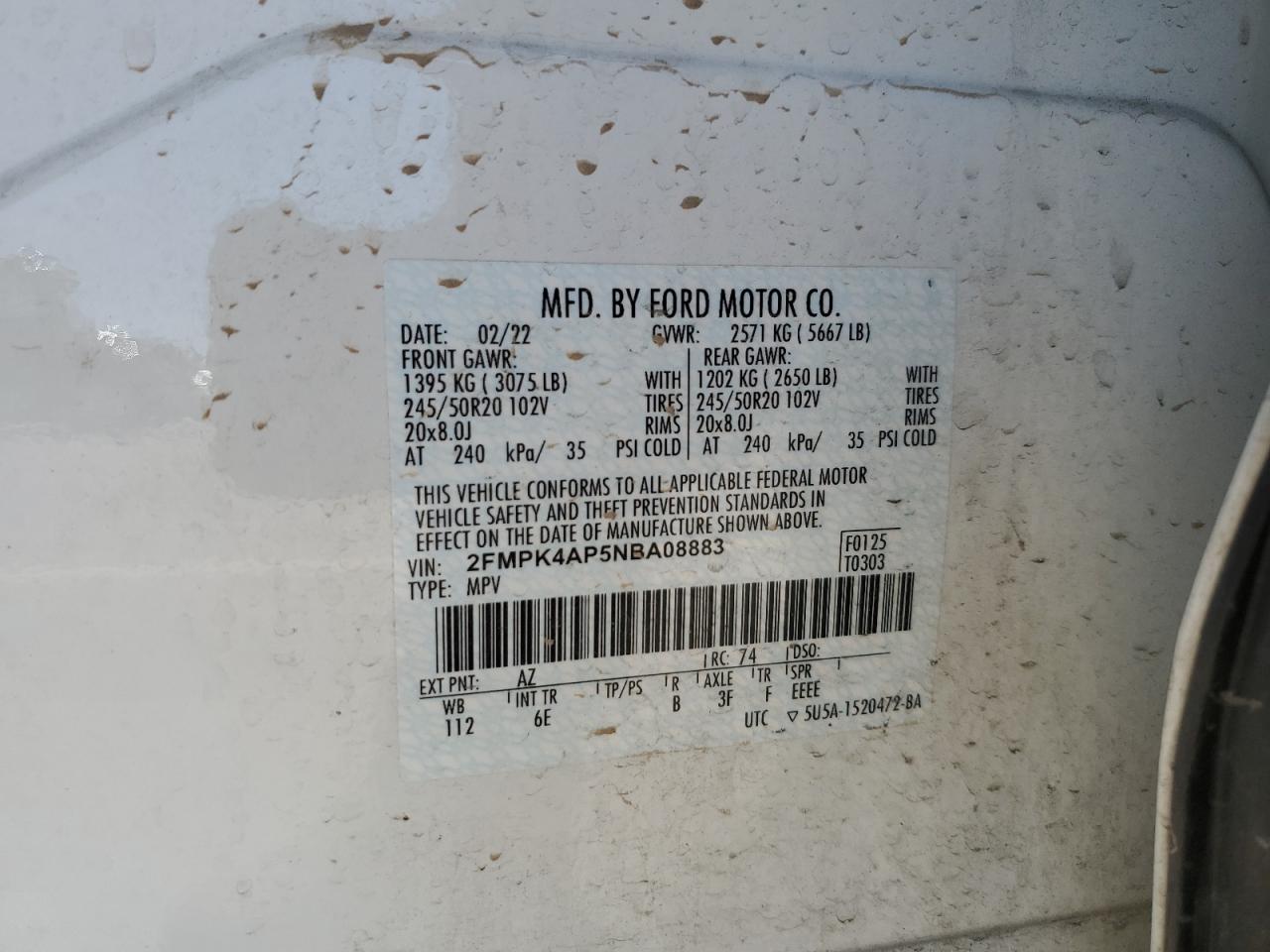 2022 Ford Edge St VIN: 2FMPK4AP5NBA08883 Lot: 68768025