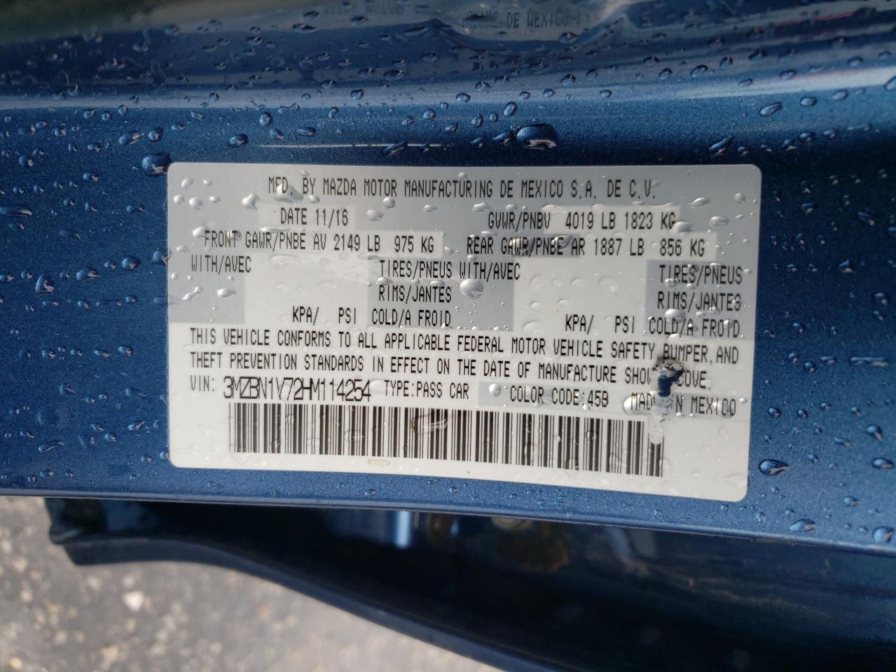 2017 Mazda 3 Touring VIN: 3MZBN1V72HM114254 Lot: 69111985