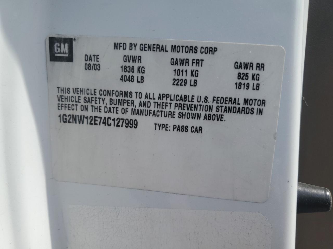 2004 Pontiac Grand Am Gt VIN: 1G2NW12E74C127999 Lot: 69861015