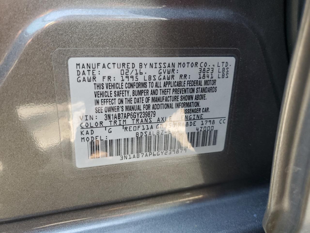 2016 Nissan Sentra S VIN: 3N1AB7AP6GY239879 Lot: 69133525