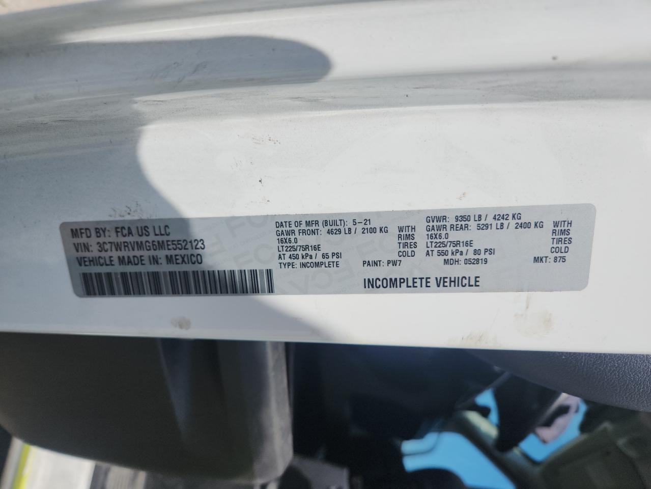 2021 Ram Promaster 3500 3500 Standard VIN: 3C7WRVMG6ME552123 Lot: 68834965
