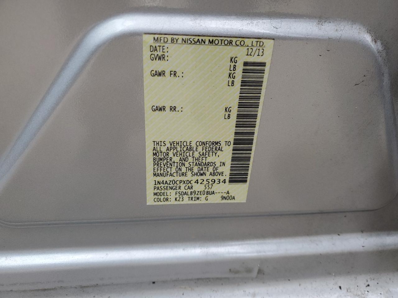 2013 Nissan Leaf S VIN: 1N4AZ0CPXDC425934 Lot: 67365055