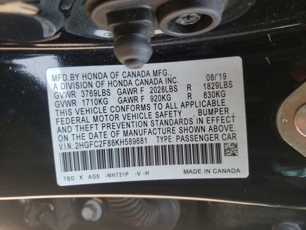 2019 Honda Civic Sport VIN: 2HGFC2F88KH589681 Lot: 67389475