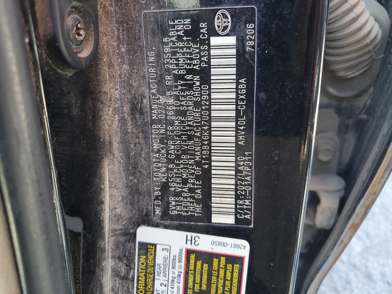 2007 Toyota Camry Hybrid VIN: 4T1BB46K47U012900 Lot: 70051485