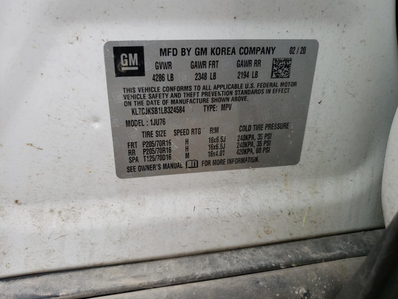 2020 Chevrolet Trax Ls VIN: KL7CJKSB1LB324584 Lot: 69666965