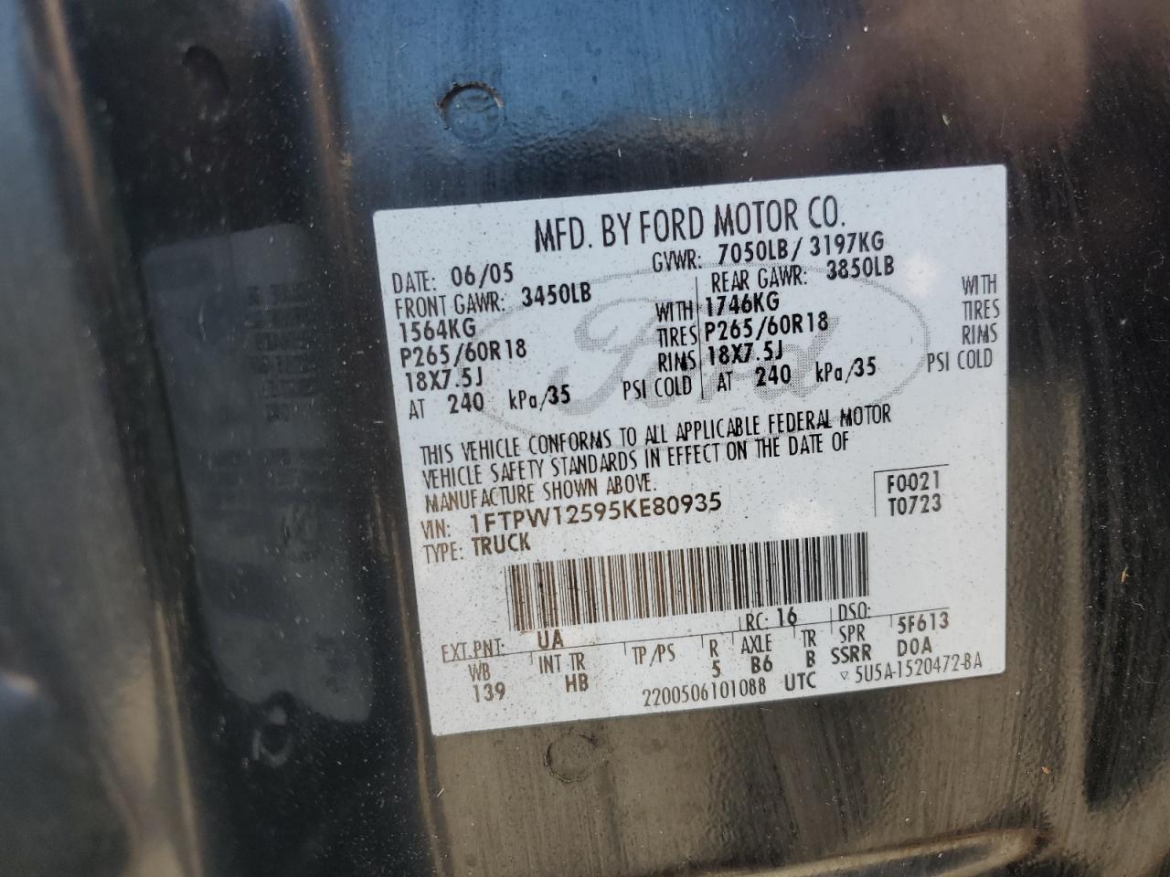 2005 Ford F150 Supercrew VIN: 1FTPW12595KE80935 Lot: 70186285