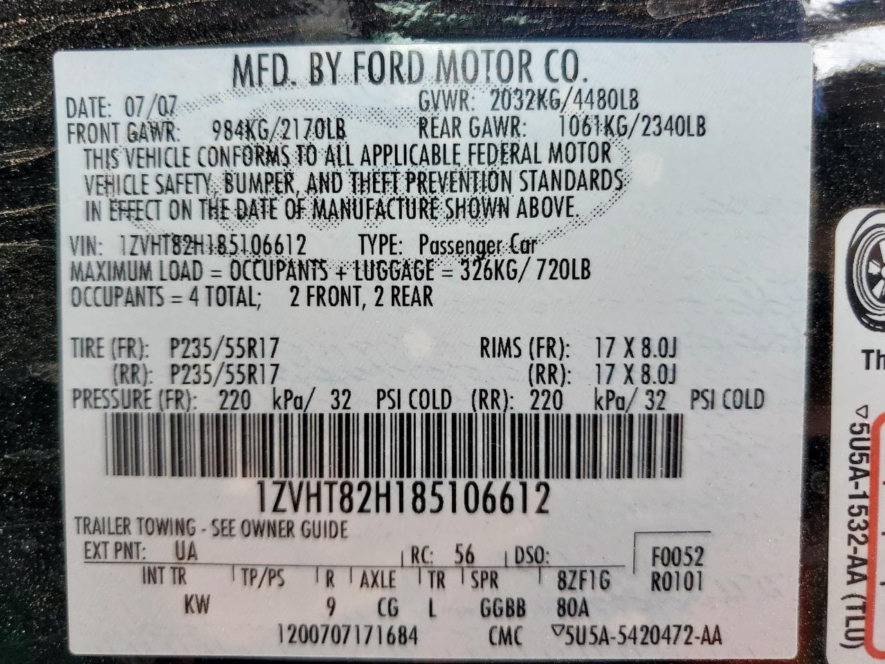 2008 Ford Mustang Gt VIN: 1ZVHT82H185106612 Lot: 69381155