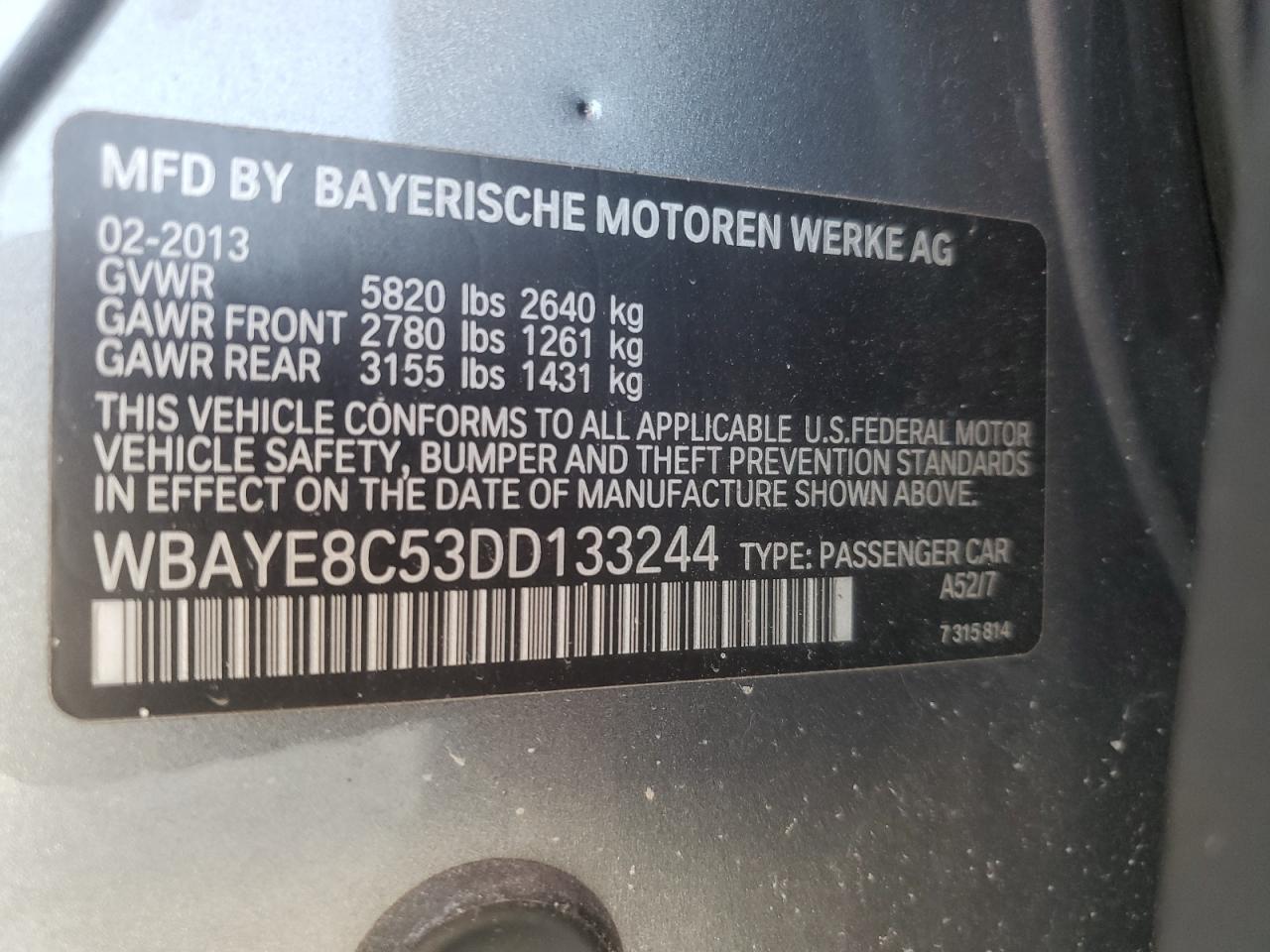 2013 BMW 750 Li VIN: WBAYE8C53DD133244 Lot: 70629525