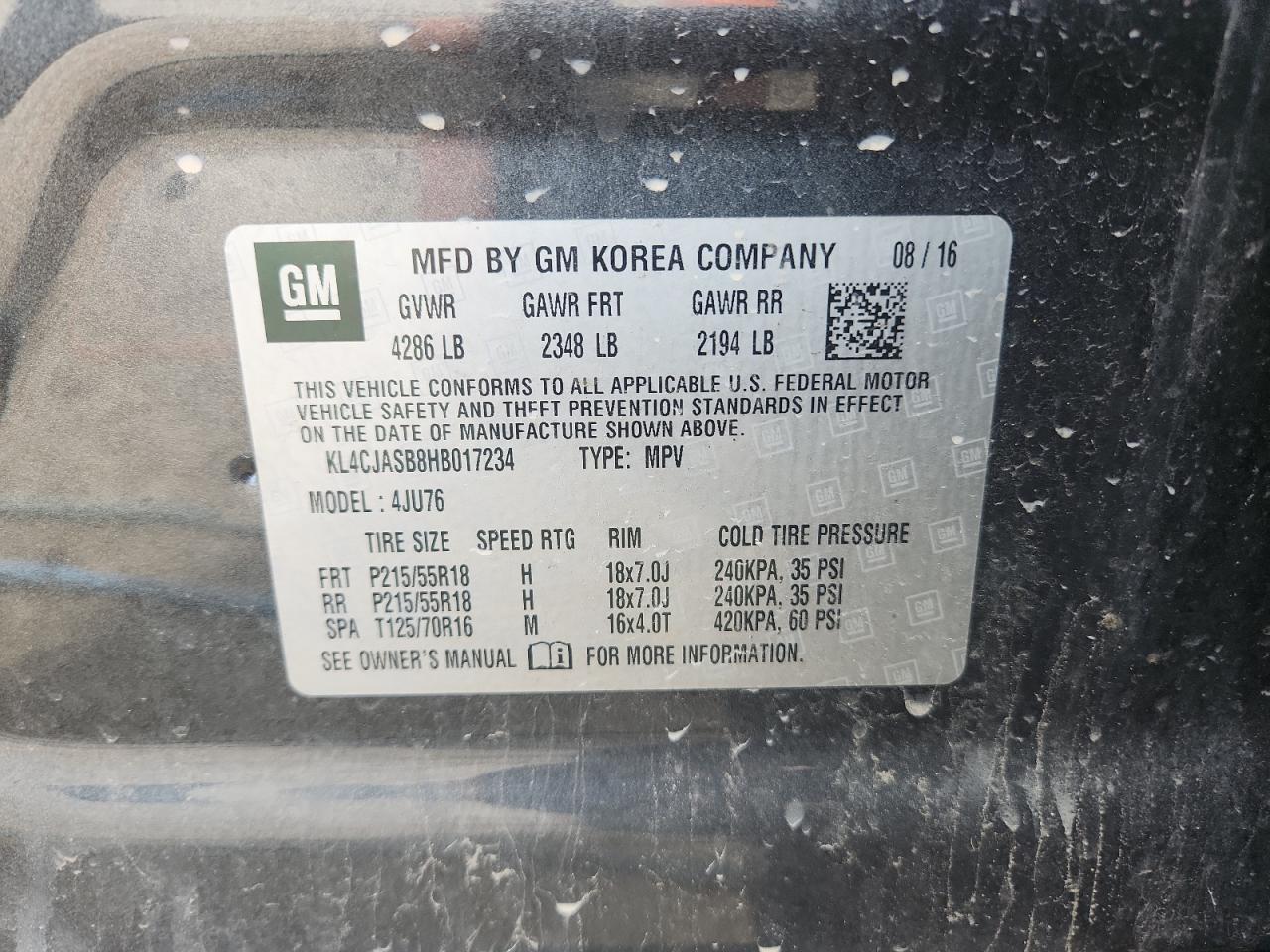 2017 Buick Encore Preferred VIN: KL4CJASB8HB017234 Lot: 70920795