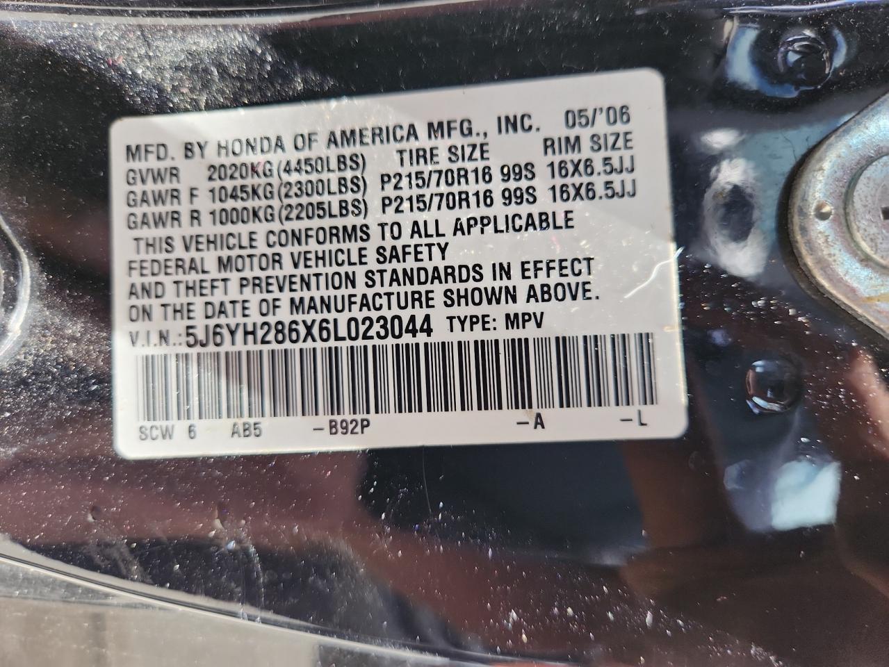 2006 Honda Element Ex VIN: 5J6YH286X6L023044 Lot: 69520655