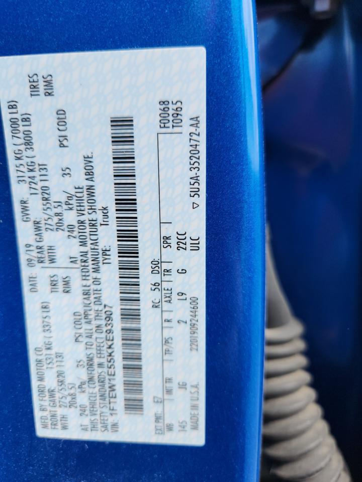 2019 Ford F150 Supercrew VIN: 1FTEW1E55KKE93907 Lot: 69979565