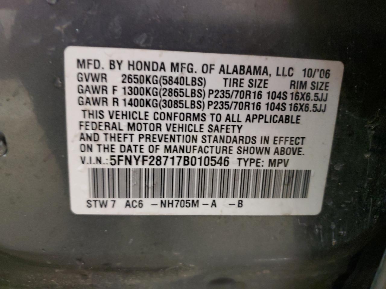 2007 Honda Pilot Exl VIN: 5FNYF28717B010546 Lot: 69022575