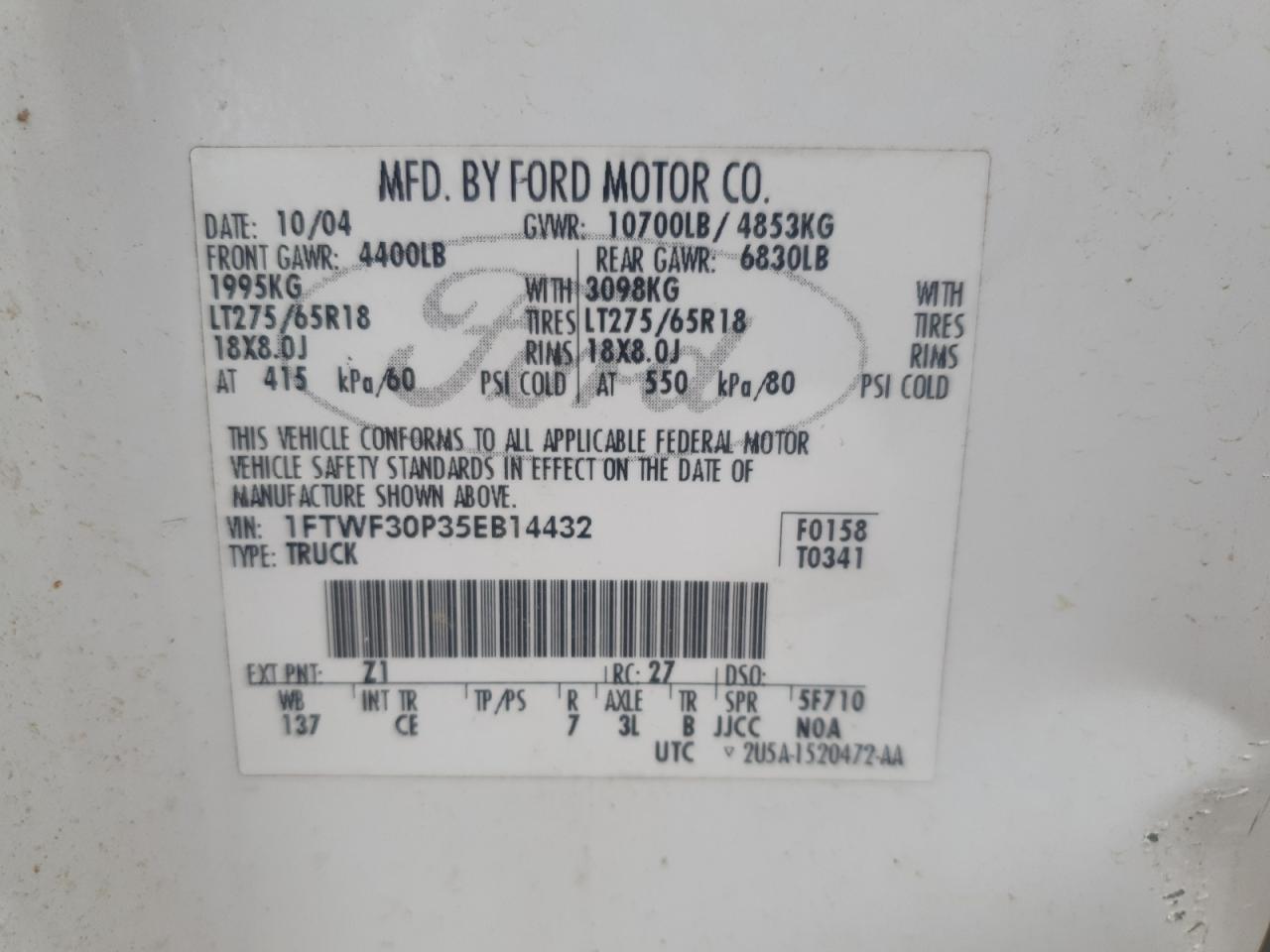 2005 Ford F350 Srw Super Duty VIN: 1FTWF30P35EB14432 Lot: 68275885