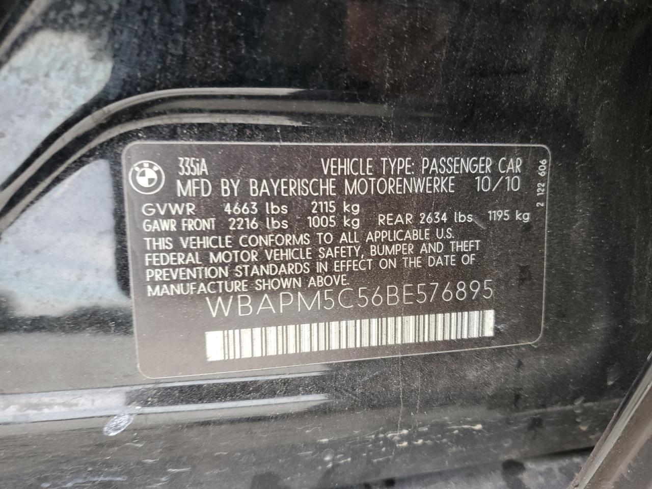 2011 BMW 335 I VIN: WBAPM5C56BE576895 Lot: 70469485