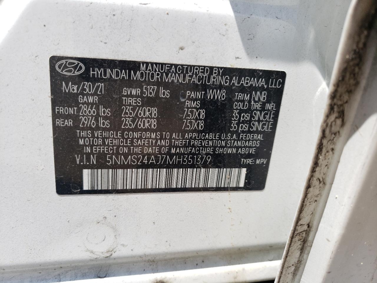 2021 Hyundai Santa Fe Sel VIN: 5NMS24AJ7MH351379 Lot: 70191025