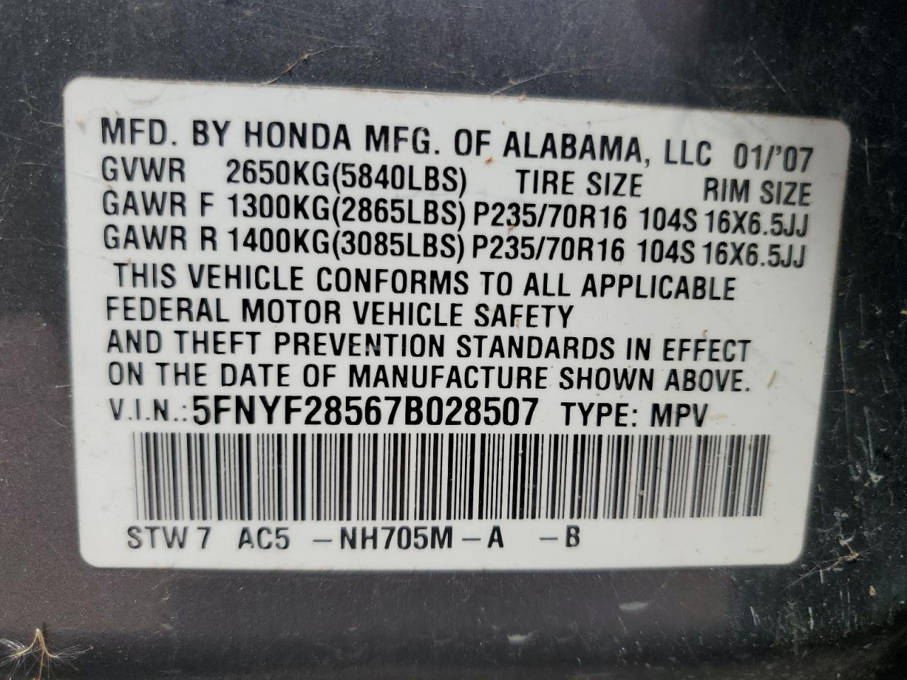 2007 Honda Pilot Exl VIN: 5FNYF28567B028507 Lot: 69800455