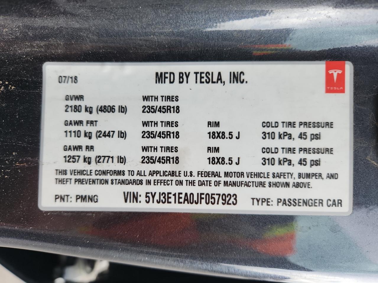 2018 Tesla Model 3 VIN: 5YJ3E1EA0JF057923 Lot: 70543775