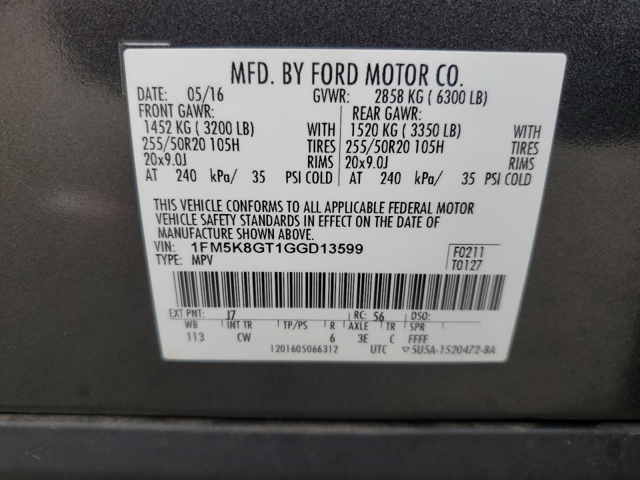 2016 Ford Explorer Sport VIN: 1FM5K8GT1GGD13599 Lot: 68725185