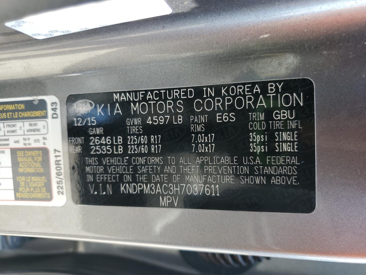 2017 Kia Sportage Lx VIN: KNDPM3AC3H7037611 Lot: 69466935