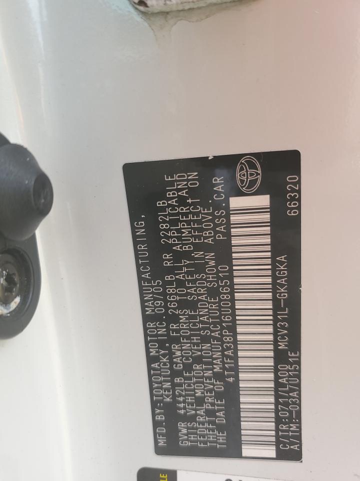 2006 Toyota Camry Solara Se VIN: 4T1FA38P16U086510 Lot: 69799625