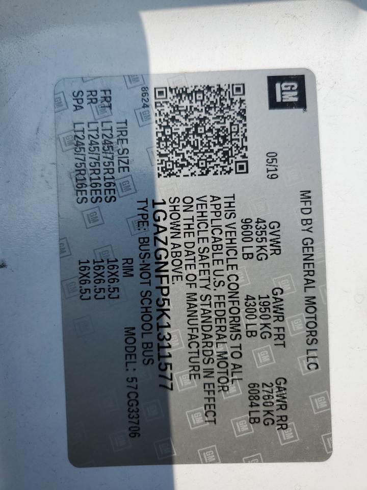 2019 Chevrolet Express G3500 Ls VIN: 1GAZGNFP5K1311577 Lot: 67138765