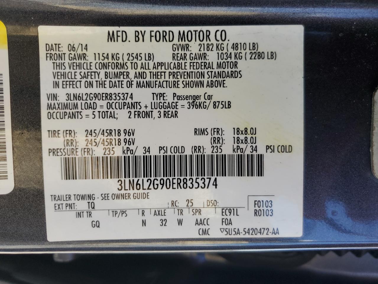 2014 Lincoln Mkz VIN: 3LN6L2G90ER835374 Lot: 71189215