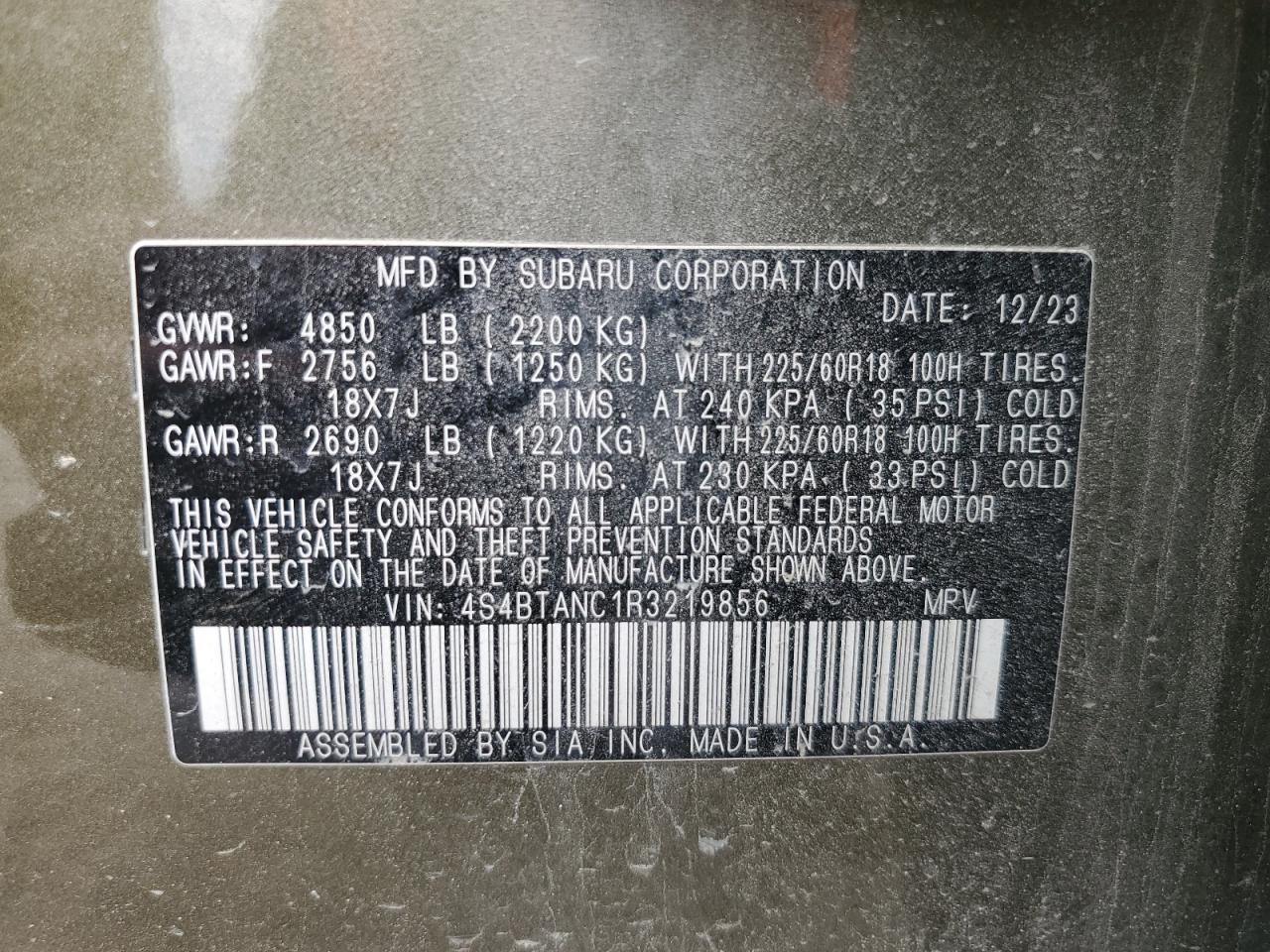 2024 Subaru Outback Limited VIN: 4S4BTANC1R3219856 Lot: 67429235