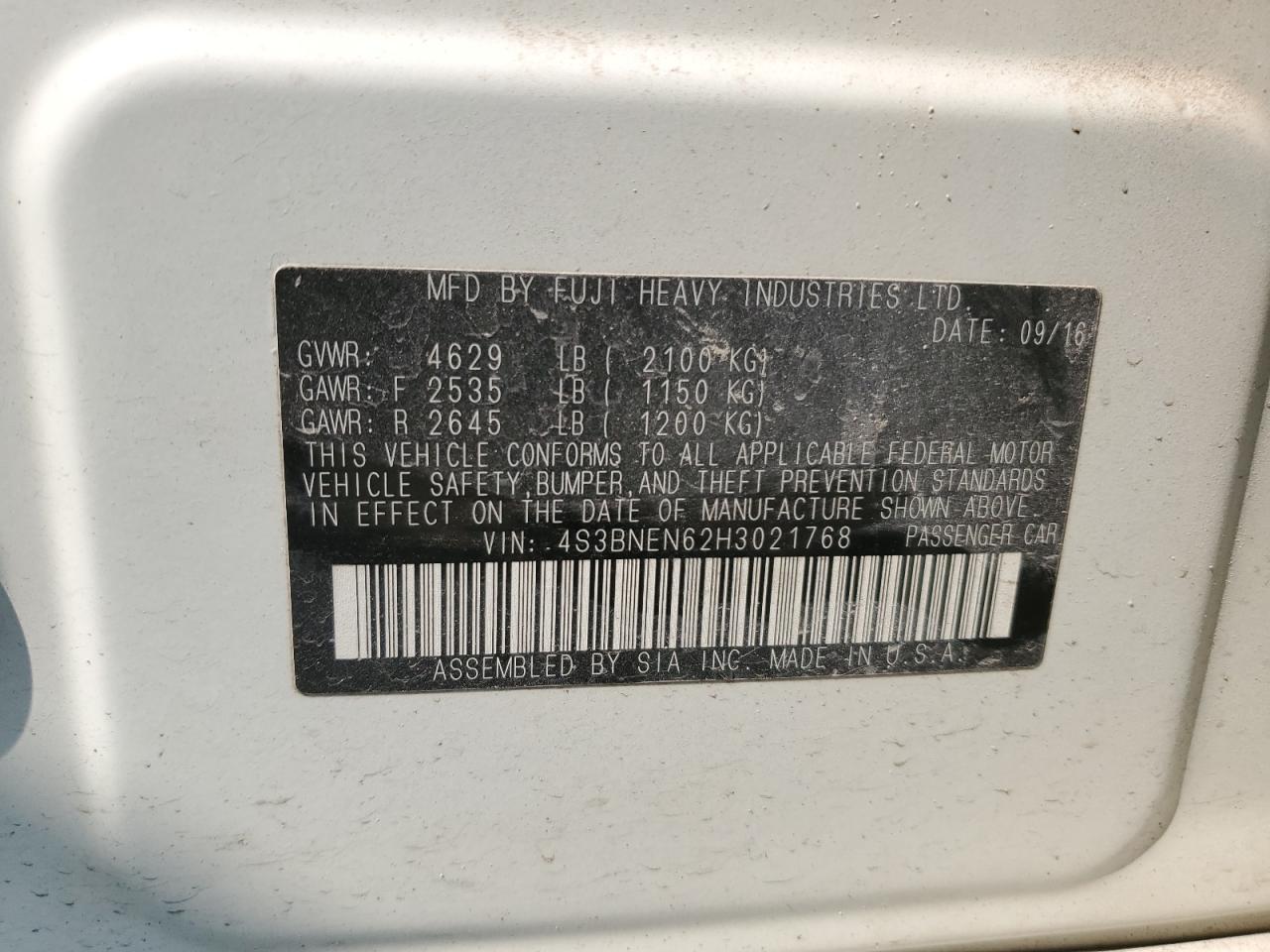 2017 Subaru Legacy 3.6R Limited VIN: 4S3BNEN62H3021768 Lot: 70038925