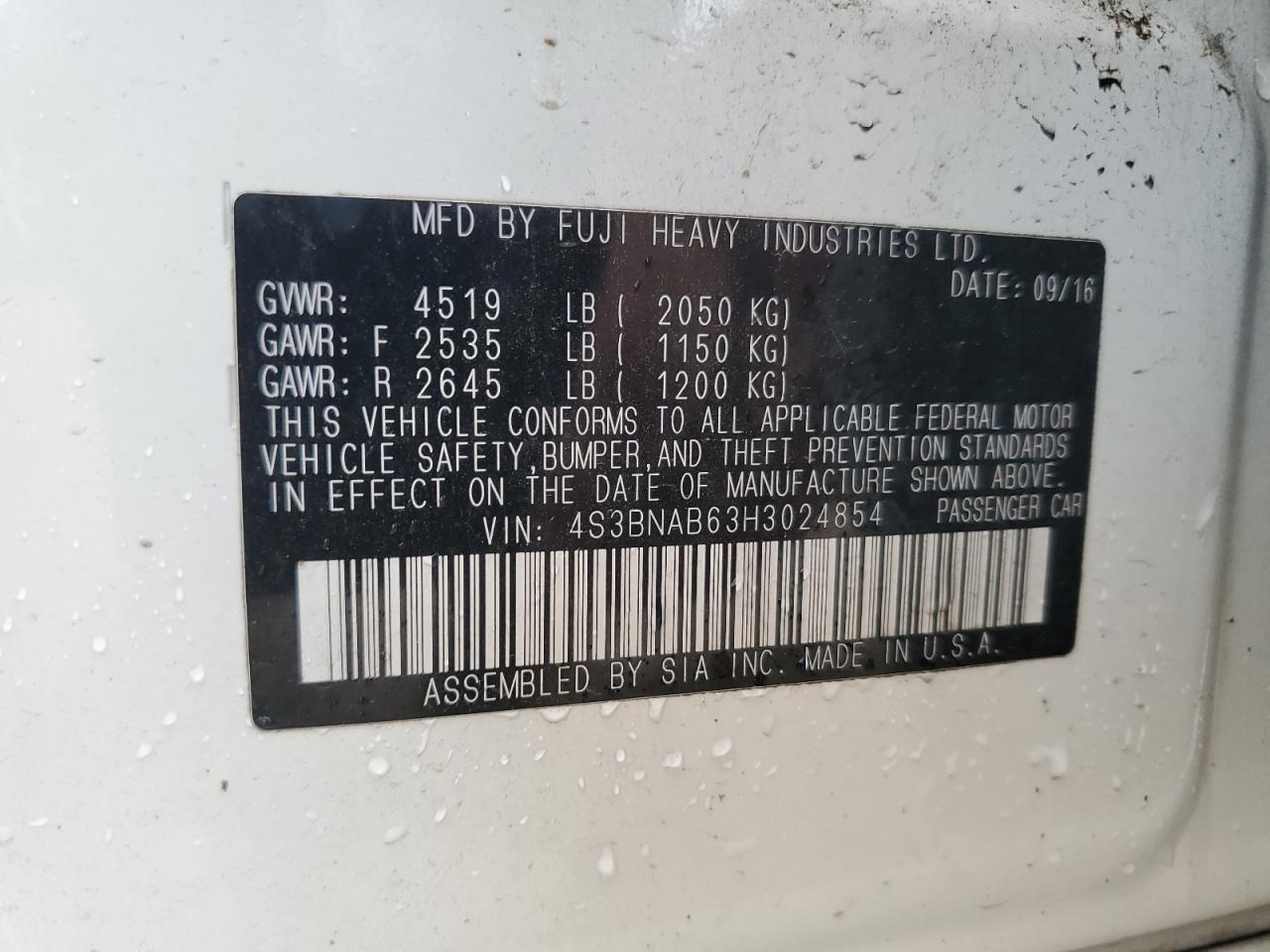 2017 Subaru Legacy 2.5I VIN: 4S3BNAB63H3024854 Lot: 70381985