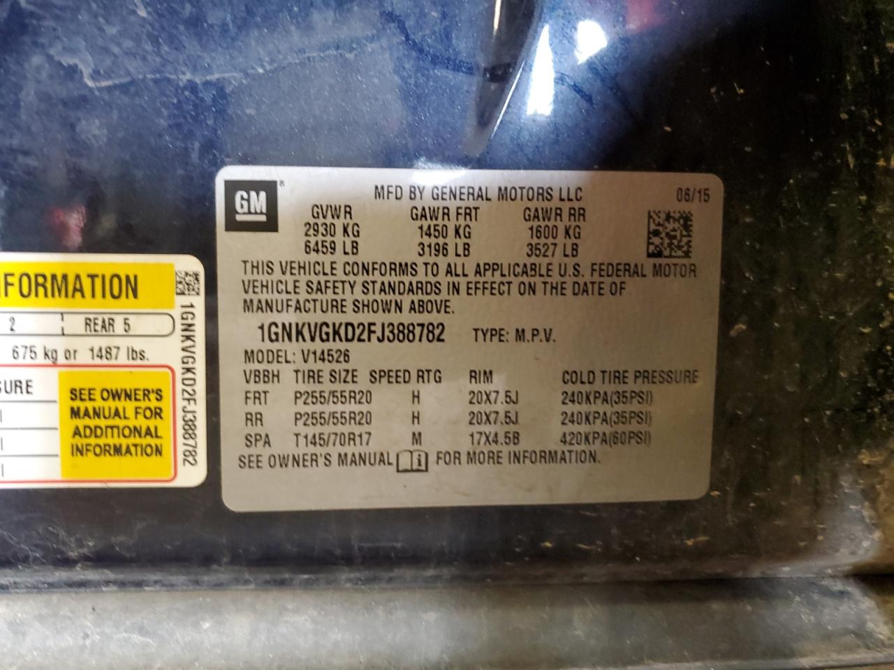 2015 Chevrolet Traverse Lt VIN: 1GNKVGKD2FJ388782 Lot: 67970065