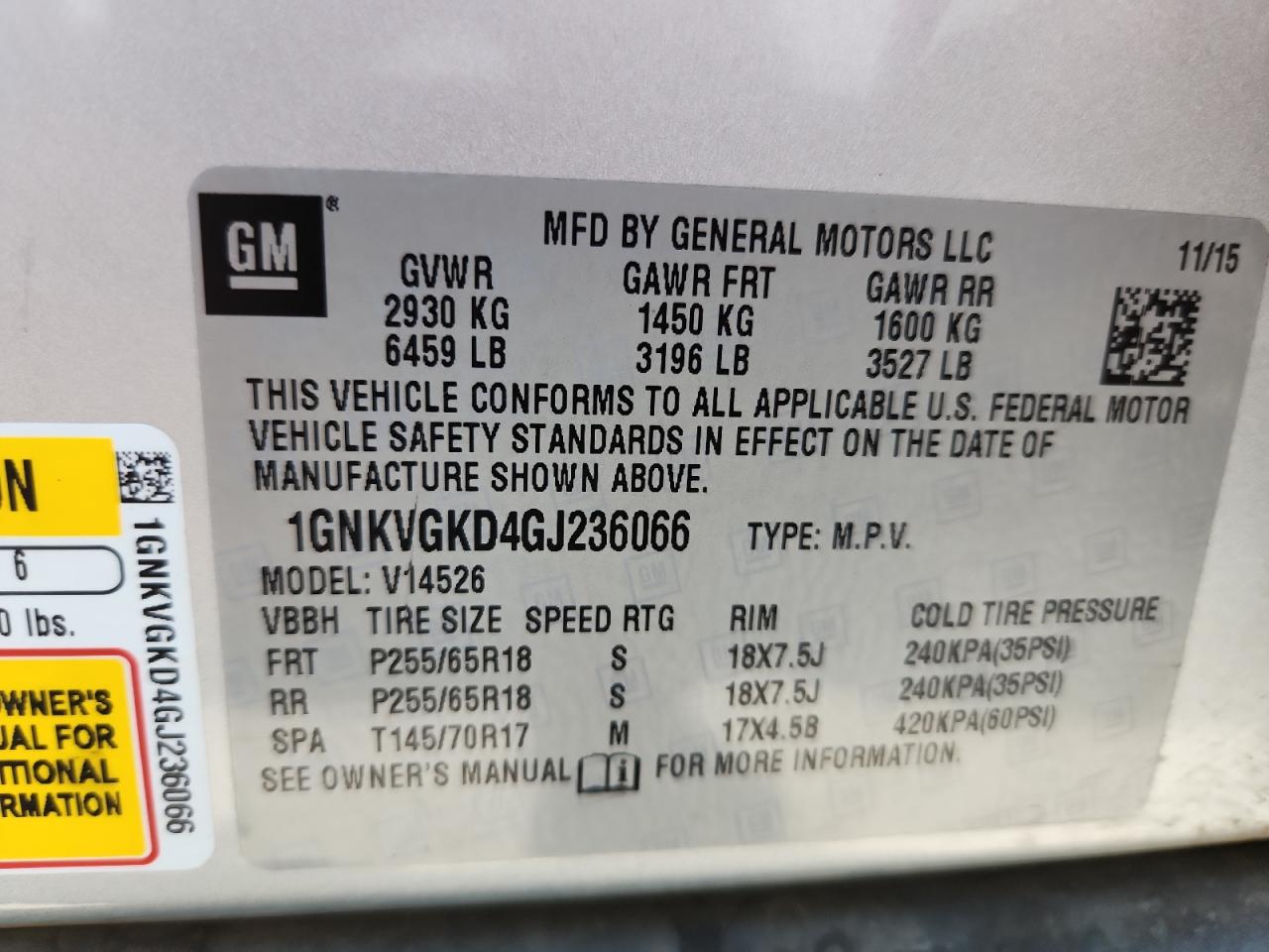 2016 Chevrolet Traverse Lt VIN: 1GNKVGKD4GJ236066 Lot: 70018785