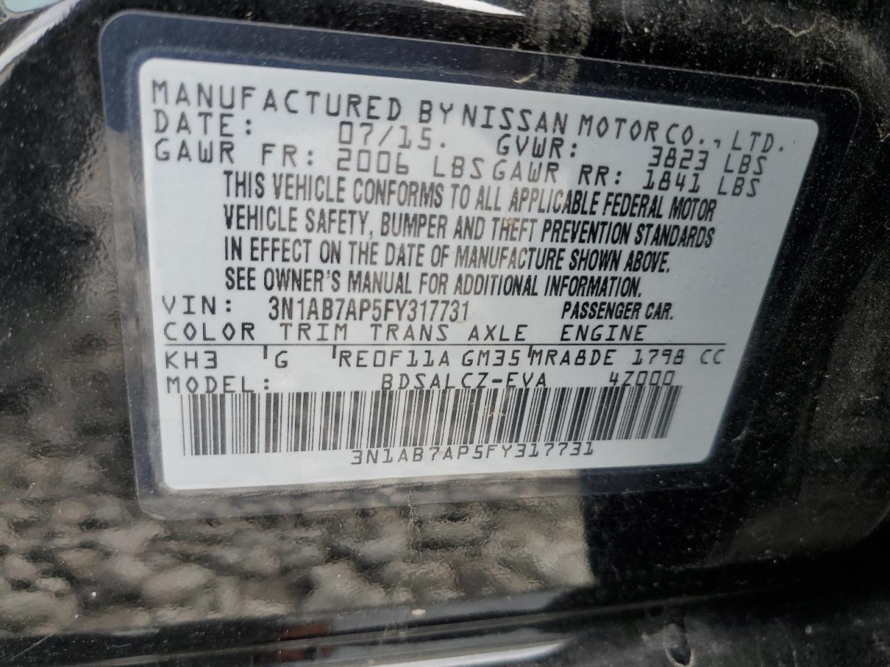 2015 Nissan Sentra S VIN: 3N1AB7AP5FY317731 Lot: 70743715