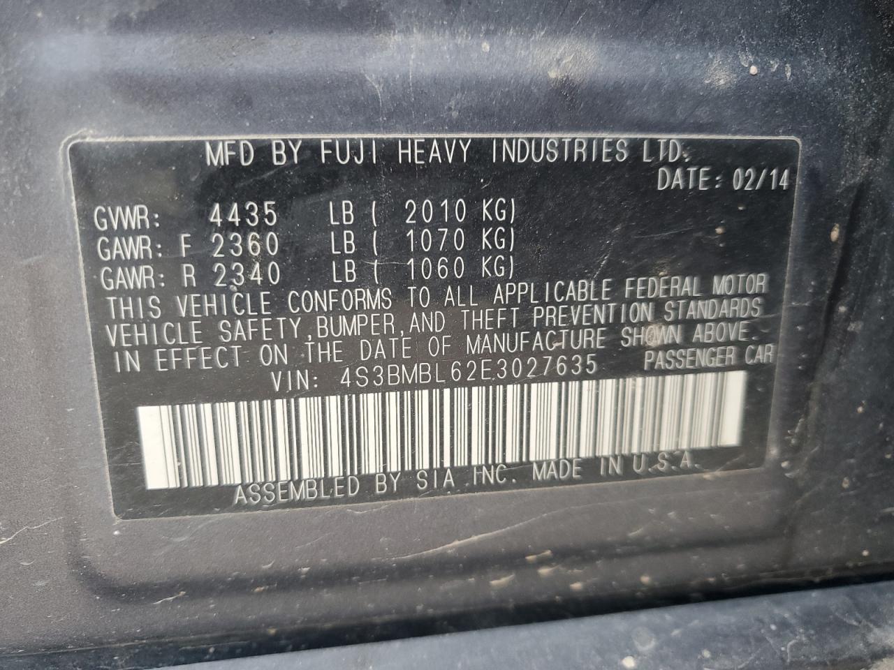 2014 Subaru Legacy 2.5I Limited VIN: 4S3BMBL62E3027635 Lot: 70508965