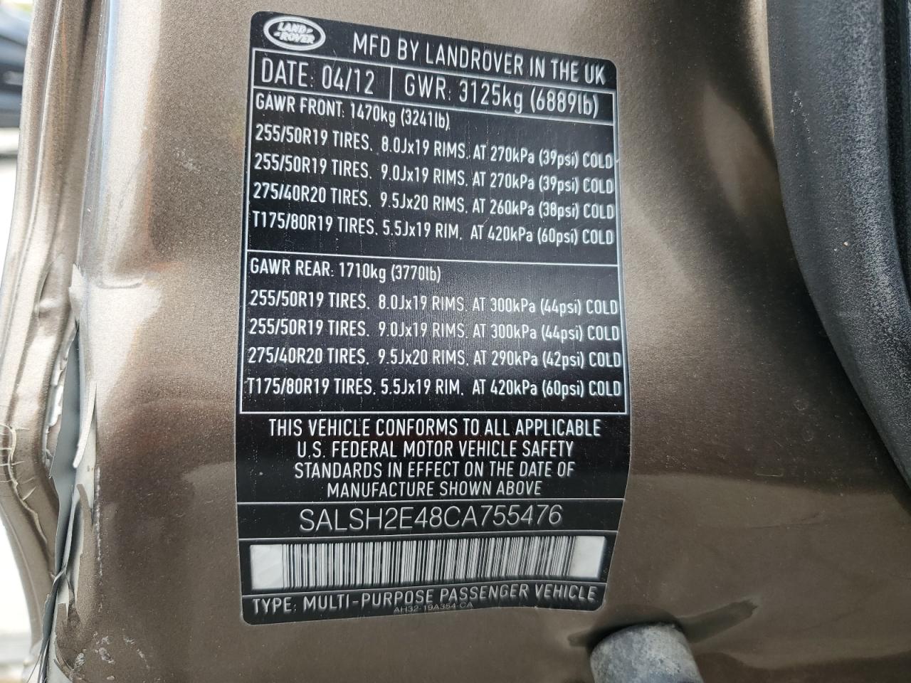 2012 Land Rover Range Rover Sport Sc VIN: SALSH2E48CA755476 Lot: 67947345