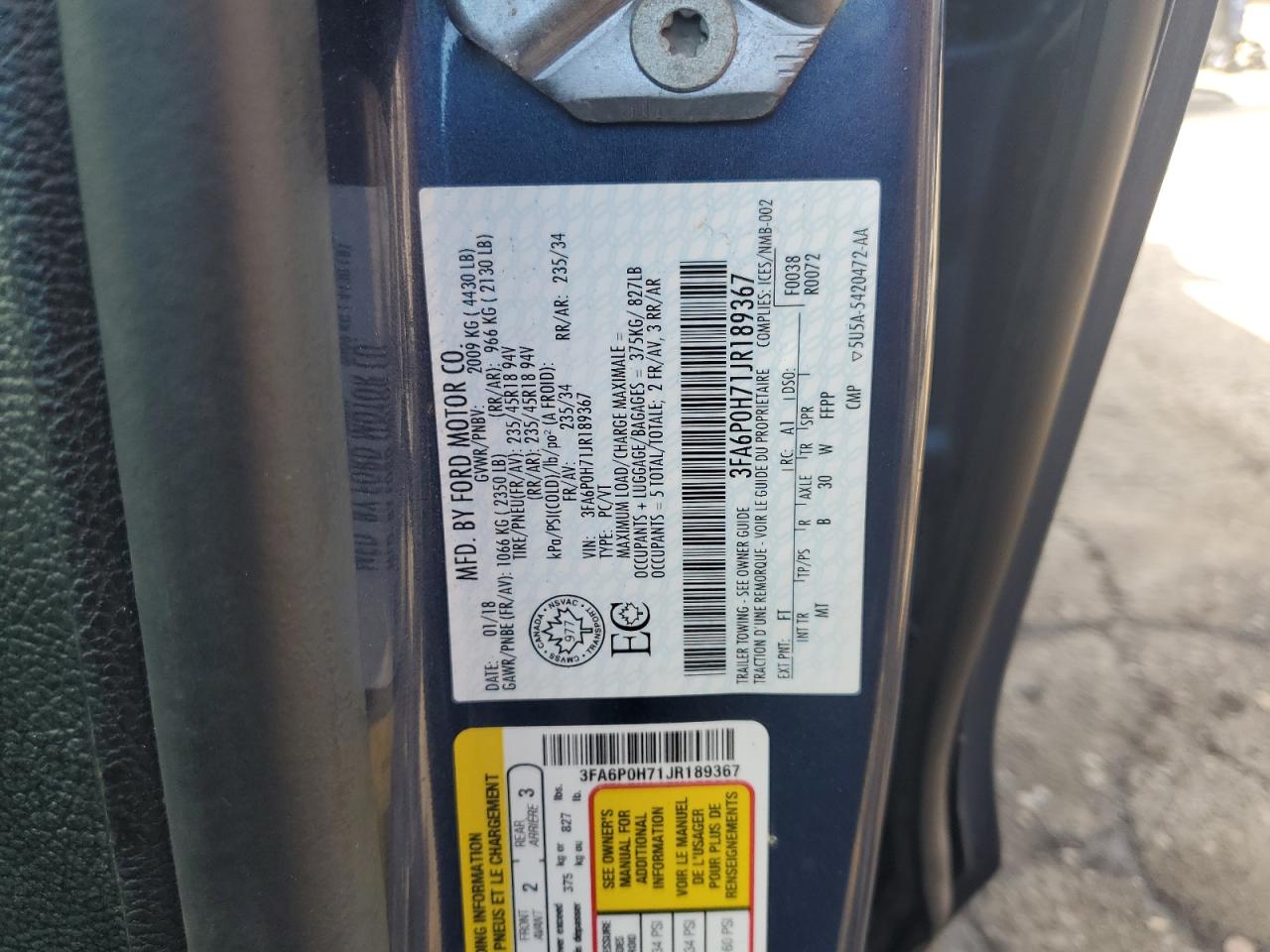 2018 Ford Fusion Se VIN: 3FA6P0H71JR189367 Lot: 69874135