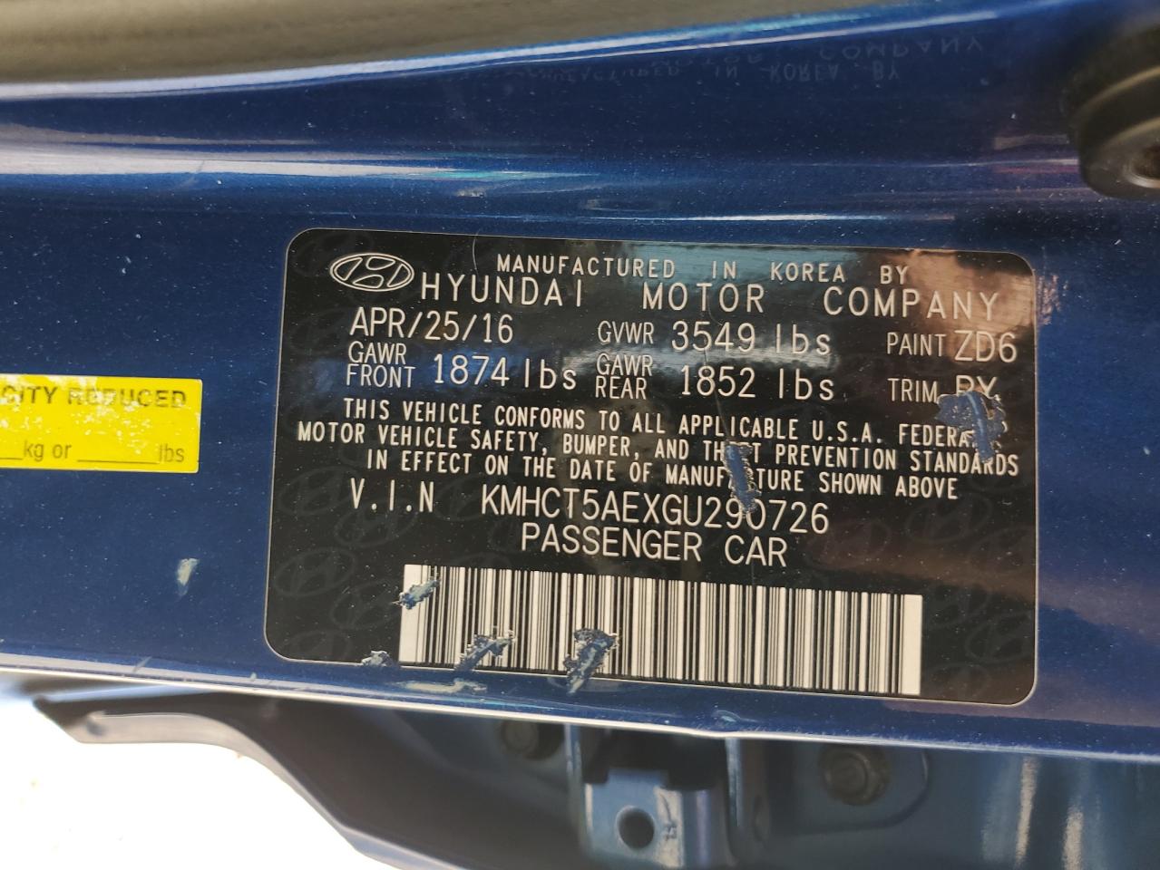 2016 Hyundai Accent Se VIN: KMHCT5AEXGU290726 Lot: 70826015