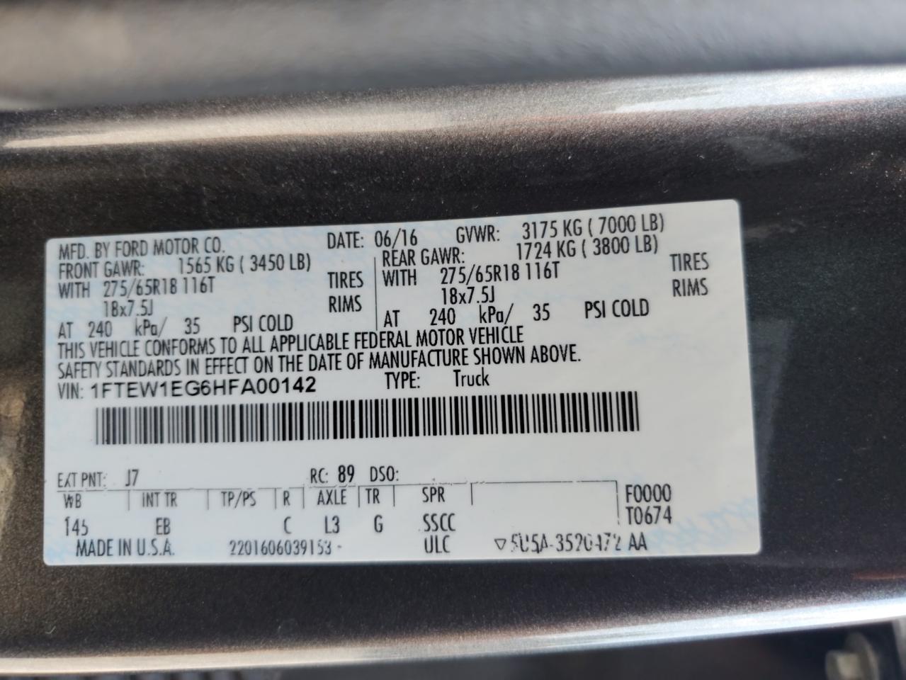 2017 Ford F150 Supercrew VIN: 1FTEW1EG6HFA00142 Lot: 67912865